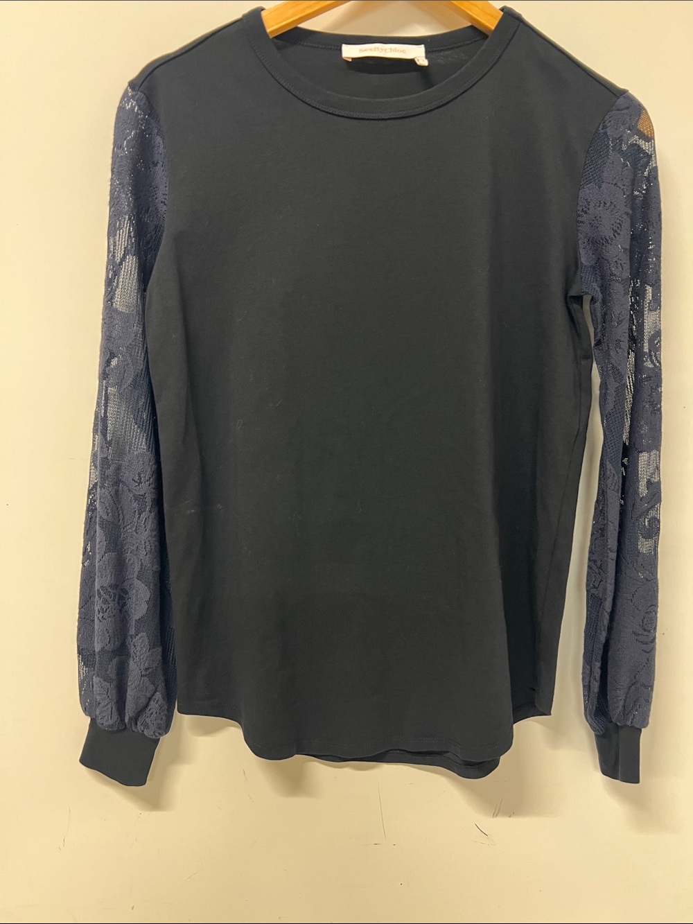 See By Chloe, Top/T Shirt, Black W/Navy Sheer Floral Lace Sleeves, XS